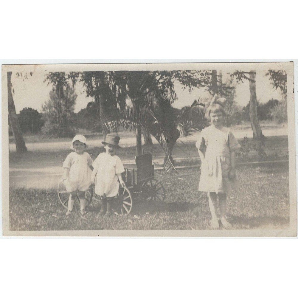 Vtg Photo Three Children Wooden Wagon Palm Trees Florida c1915-1925